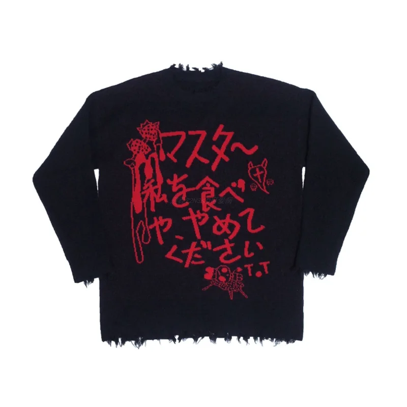 Women Sweater Harajuku Gothic Japanese Letter Printed Black Knitted Pullovers Punk Sweater Jumpers Autumn Winter Streetwear