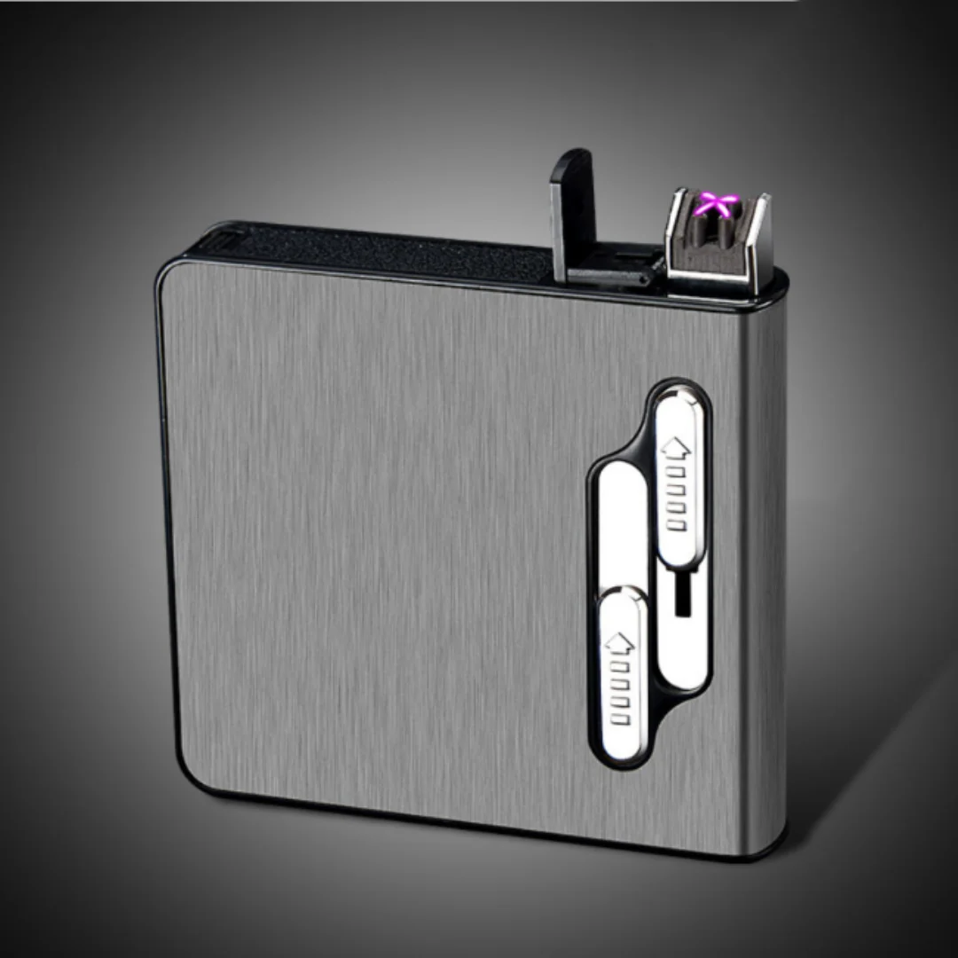 

Regular Cigarettes Case Box with Dual Arc Lighter, USB Rechargeable, Flameless, Windproof,Moisture-Proof,Silvery, 20Pcs Capacity