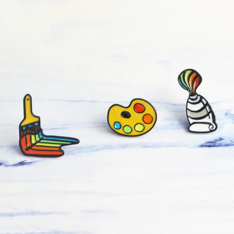 3pcs/set Painting Tools Enamel Pin Paint Pigment Palette Brush Pin Brooch Lapel Pin Buckle Badge Gift for Friend Kid Wholesale