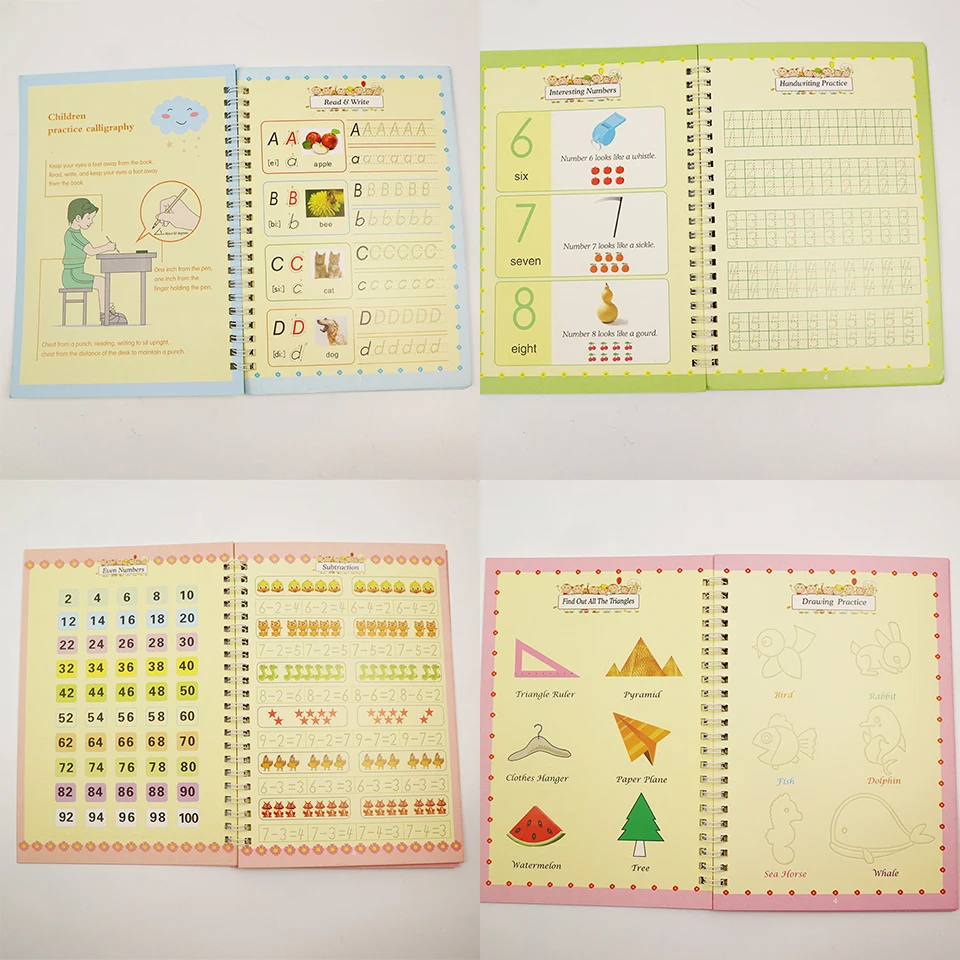 4 pcs/set Magic Copybooks Reusable Groove Picture English Number Lettering Magic Practice Books for Children's