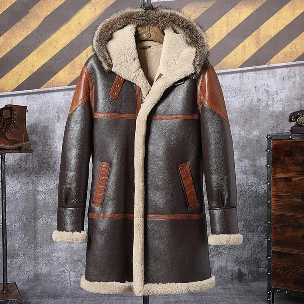 Shearling Coat Mens Brown B3 Bomber Jacket Hooded Leather Jacket 2019 New Mens Winter Coats Long Fur Jacket Trench Coat