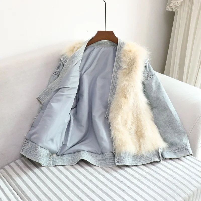 Winter Autumn Women Raccoon Fur Long Sleeve Detachable Denim Coat Streetwear Casual Real Fur Waistcoat Female Zipper Thick Vest