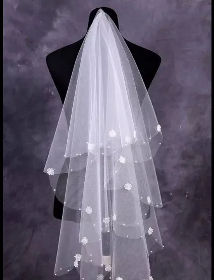 Tulle One-tier Fingertip Bridal Veils With Pearl Flower 2021 Wedding  Bride Real Photo Veil