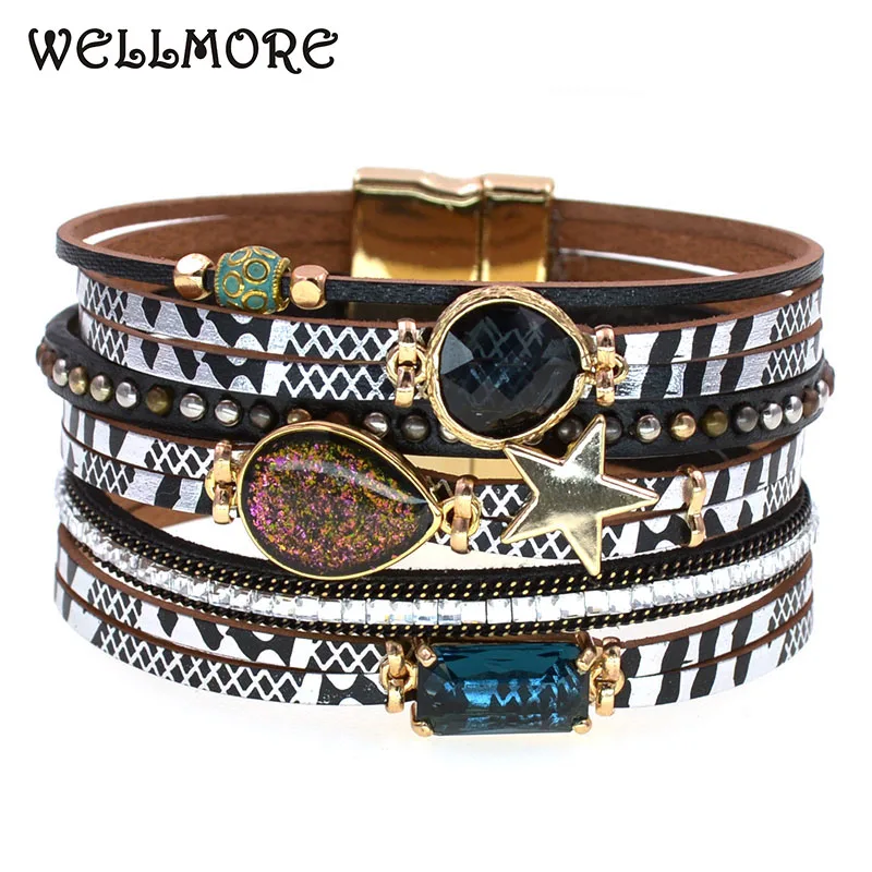 WELLMORE New 5 colors bohemia Leather bracelets for women luxury glass wrap bracelets fashion female jewelry wholesale