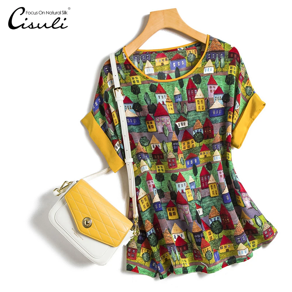 CISULI 100% Silk Crepe Shirt Printed Women Shirts Summer T-shirt High Quality New Desigual