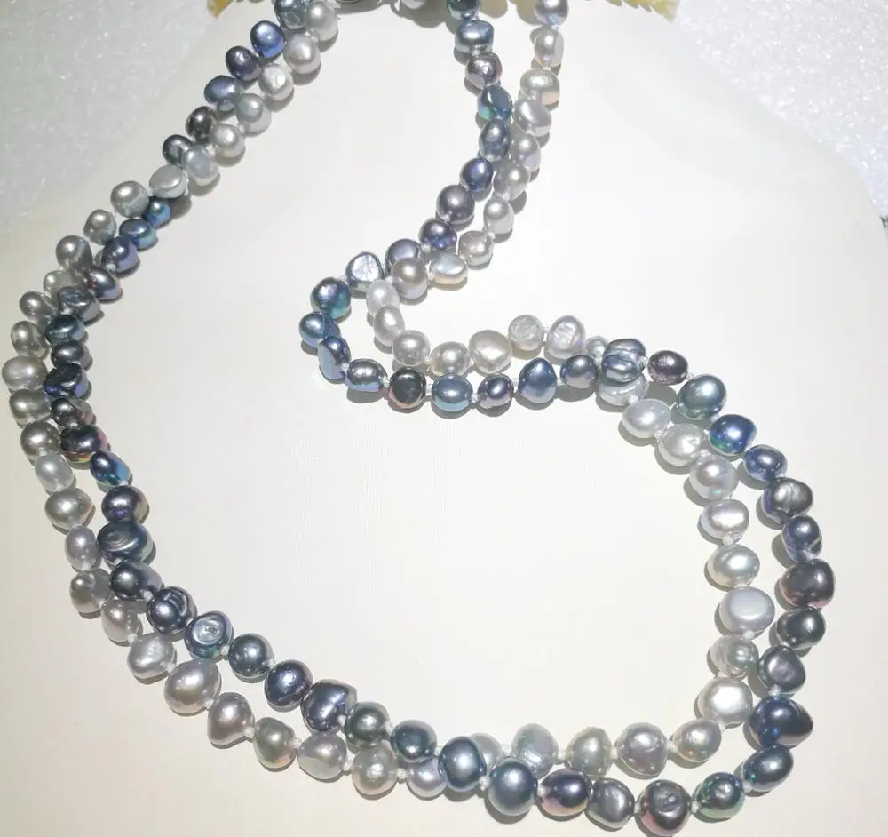 

6x7mm baroque pearl necklace 2 rows gray black colors real Natural freshwater pearl Women Jewelry 35cm-43cm 15-17''