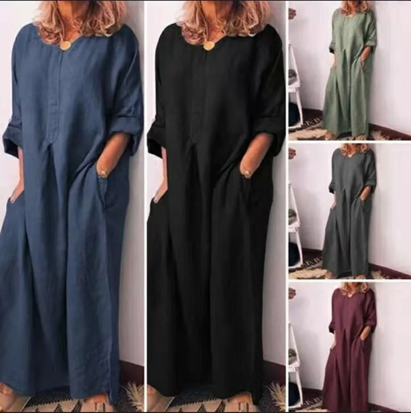 

European And American Women's Cotton Hemp Solid Color Loose Long Sleeve Dress Long Stitching Irregular Fashion Temperament Commu