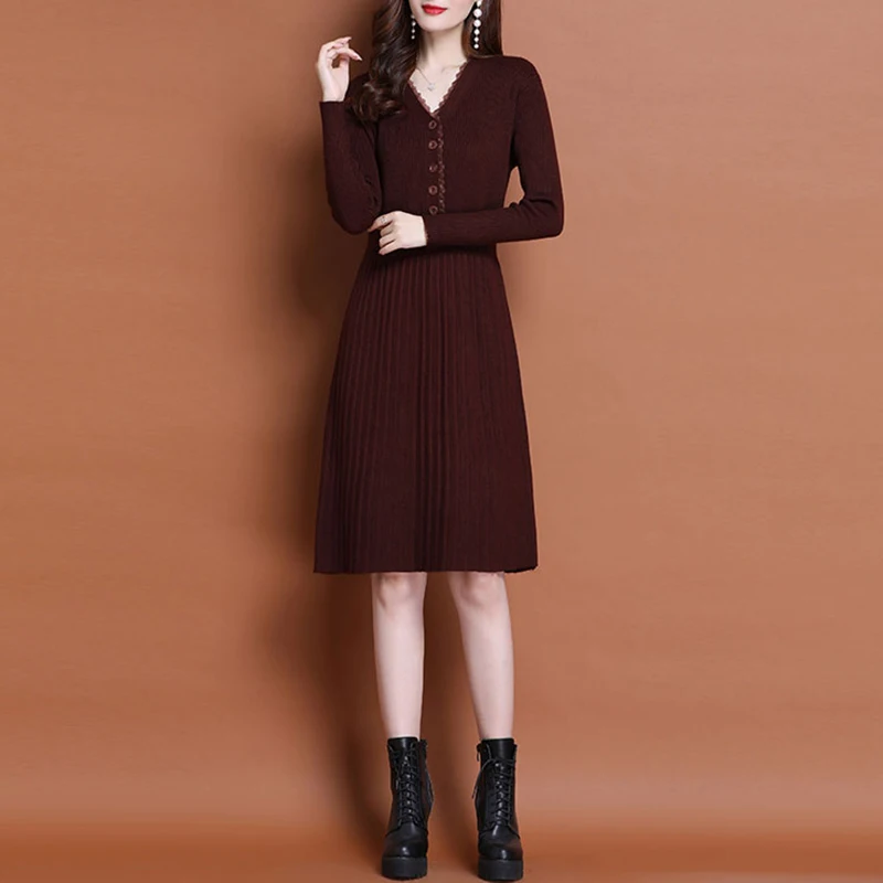 Knitted Long Sleeve Dress Women 2021 Slim Bodycon Autumn Korean Elegant Fall Winter Button V Neck Sweater Midi Pleated Dress 130