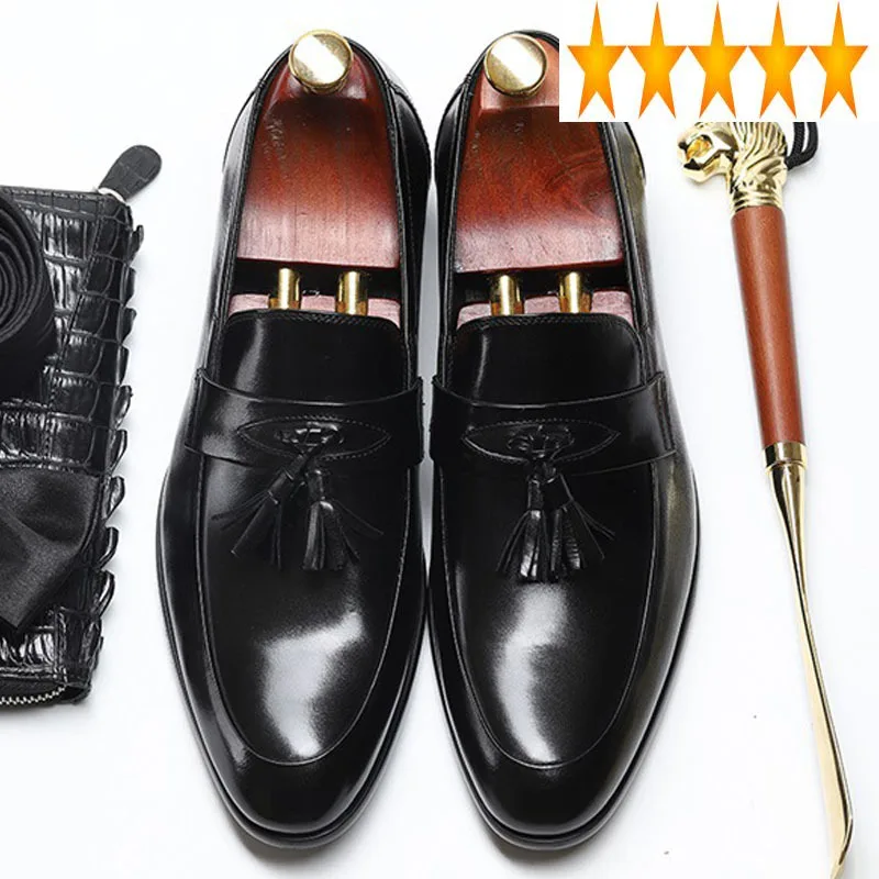 Genuine Formal Business Leather Man Tassels Pointed Toe Slip On Loafers Driving Men Party Office Work Dress Shoes