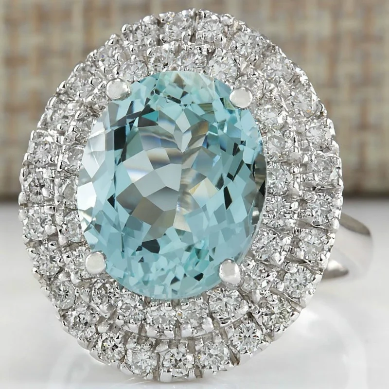 Luxury Women Light Blue Oval Cut Zircon Rings for Wedding Engagement Promise Bridal Set Jewelry