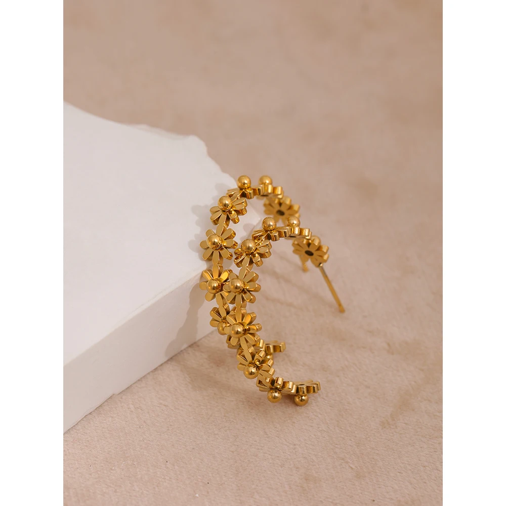 Yhpup Stainless Steel Round Flower Hoop Earrings Fashion Golden Metal Trendy Brand Texture Jewelry Party Gift Waterproof Women