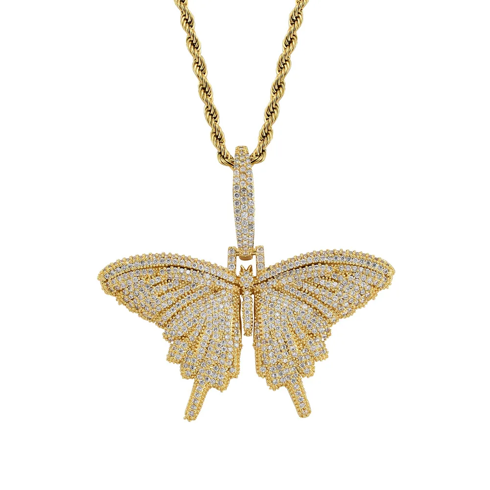 Animal butterfly Pendant Necklace Charm 4mmTennis Chain & twist chain Gold Silver Cubic Zircon Men's Hip hop Rock Jewelry