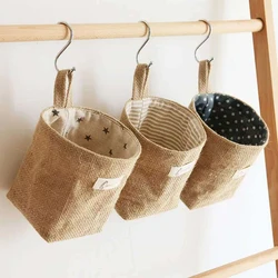 Desktop Storage Basket Jute Cotton Linen Bag Hanging Pocket Small Sack Sundries Storage Box With Handle Cosmetic Storage Bag