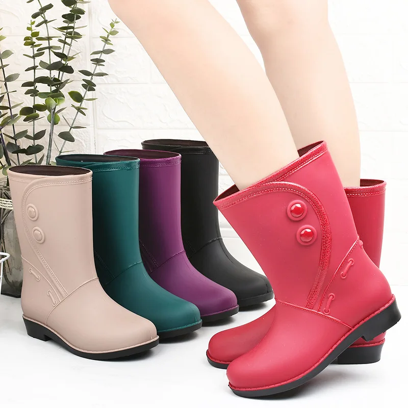 Fashion Plush Rain Shoes for Women Warm High Tube Rainboots Winter Solid Color Low-heel Non-slip PVC Rubber Shoesddd5