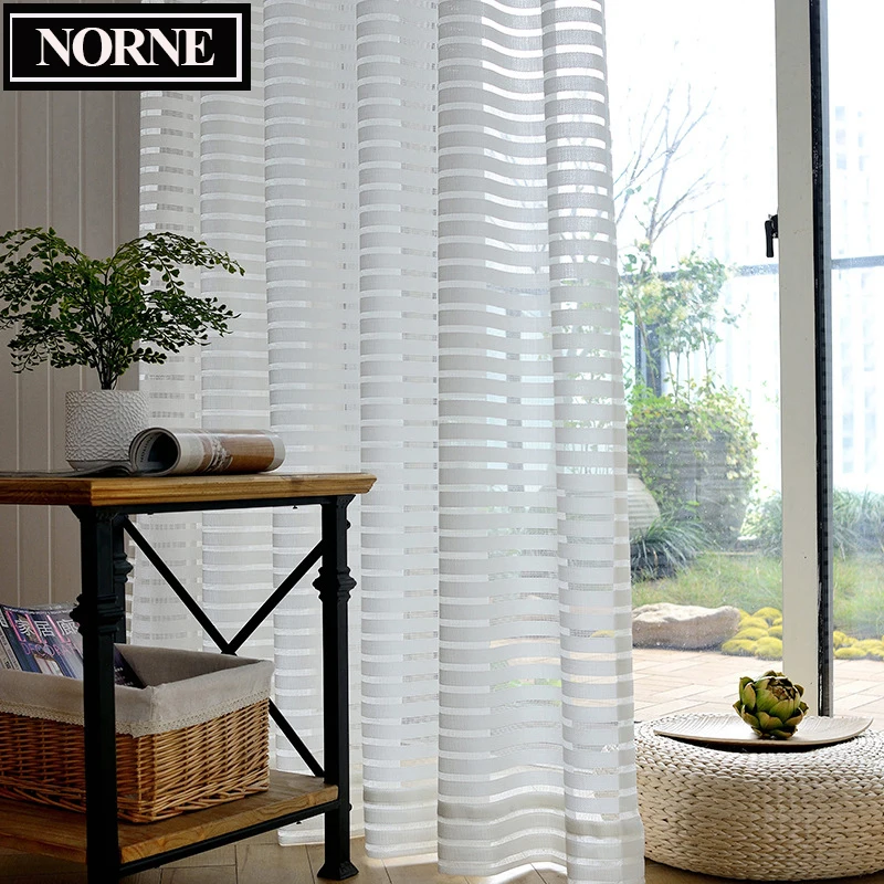 NORNE Semi White Jacquard Striped Lace Sheer Curtain Voile Panels Tulle for Windows Living Room Kitchen Bedroom Curtains Drape