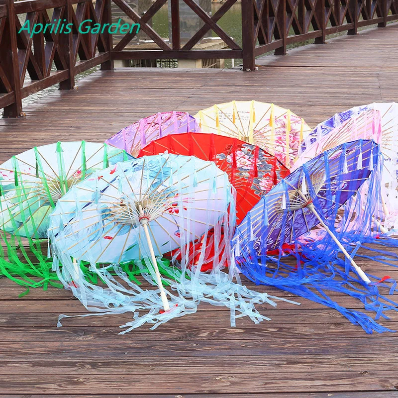 New Bamboo Oiled Paper Umbrella Women Tassels Yarn Ribbon Hanfu Umbrella Woman Parasol  Retro Performing Japanese Chinese Style