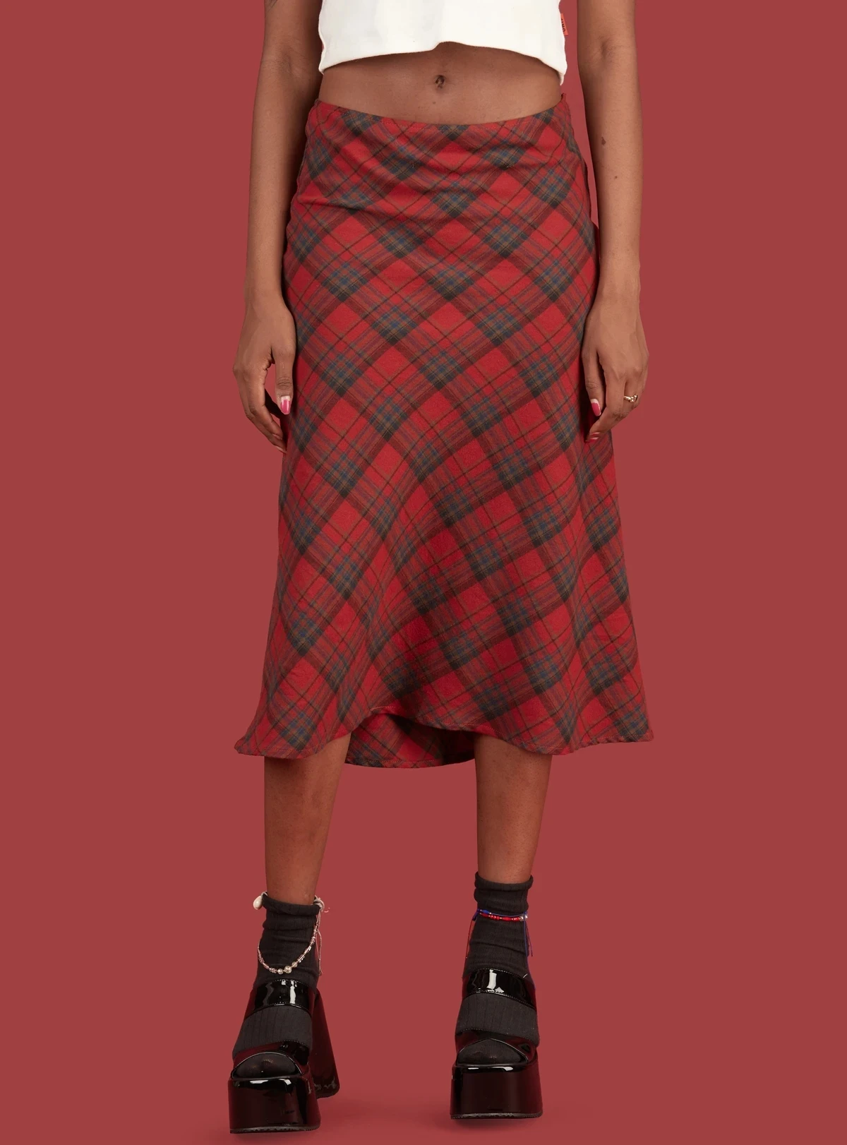 

2021 Summer Y2K E-Girls Streetwear Vintage 90s Plaid High Waist Brown Midi Skirts Indie Aesthetics Printing A-Line Long Skirt