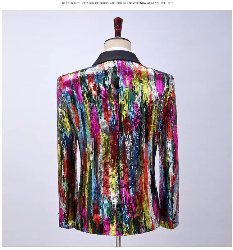 Shiny Rainbow Sequin Shawl Collar Suit Jacket Men Bling Glitter Nightclub Prom Blazer Jacket Male Stage Clothes for Singers 2XL