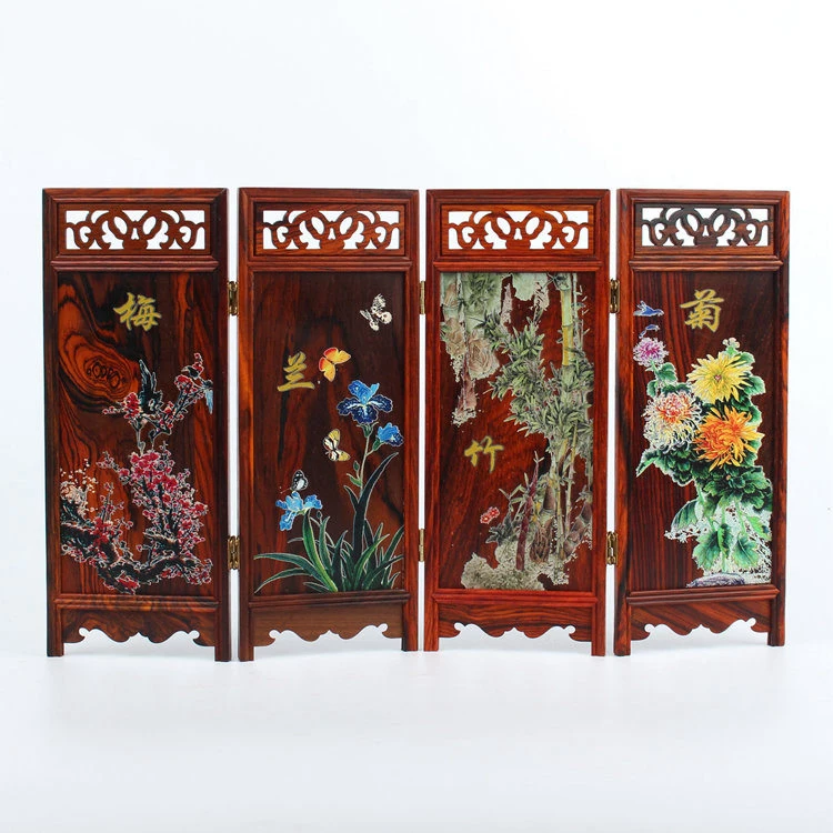 

QK011 - 4-Leaf Folding Red Rosewood Screen Mini Furniture Plum Orchid Bamboo Chrysanthemum - L36 * H22.8 *D0.7 CM