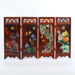 QK011 - 4-Leaf Folding Red Rosewood Screen Mini Furniture Plum Orchid Bamboo Chrysanthemum - L36 * H22.8 *D0.7 CM