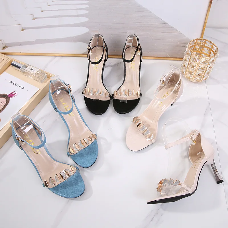 Women Summer Open Toe Comfy Sandals PU Buckle Strap 6CM 8CM Thin High Heels Round Toe Shallow Back Strap Metal decoration shoes