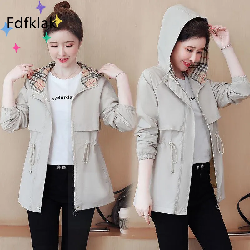 Fdfklak 3XL Plus Size Windbreaker Women Mid-Length New Spring Autumn Korean Waist Hooded Trench Coat Loose Zipper Jacket