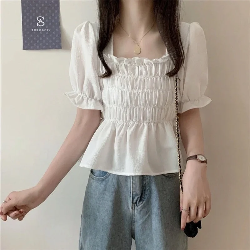 Blouses Women Puff Short Sleeve Cropped Solid Simple Korean Style Summer Student Gentle Feminino Tops All-match Fashion Leisure