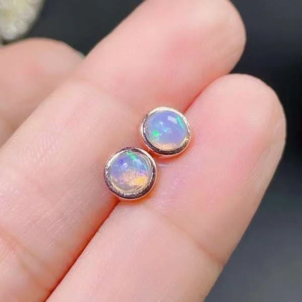 Simple Opal Silver Earrings for School Girl 5mm Natural White Opal Stud Earrings Solid 925 Silver Opal Jewelry