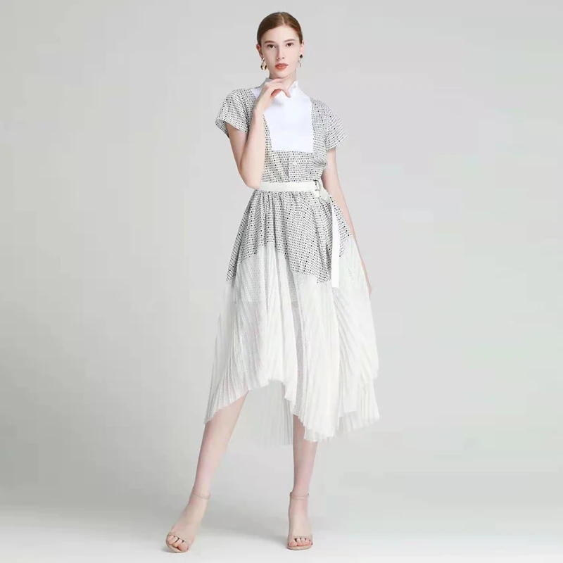 Designer Runway Spring Summer New Women'S Short-Sleeved Letters Printed Mesh Patchwork Belt Party Celebrity Unique Midi Dress