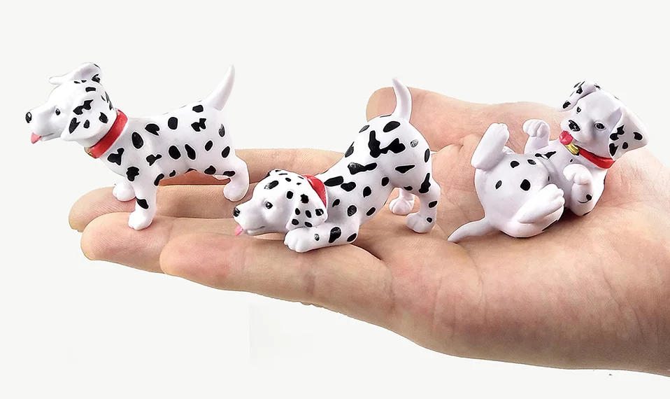 Set of miniature cartoon Dalmatian puppy figurines in various playful poses used as micro landscape and fairy garden DIY decor accessories.