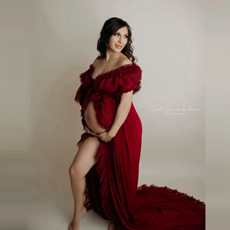 

Pretty Burgunday Ruffles Mesh Maternity Women Dress Open Front Off The Shoulder Long Pregnancy Robes To Photography
