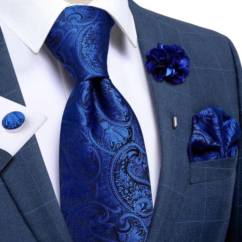 Handgefertigte Paisley-Blumen-Krawatte in Königsblau für Herren, klassische 8 cm breite gewebte Jacquard-Krawatte mit Einstecktuch, Manschettenknöpfen und Brosche – Detail 14