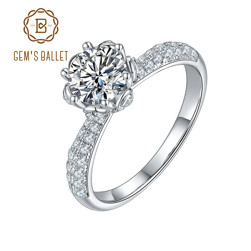 GEM'S BALLET 925 Sterling Silver Flower Ring 1ct D Color Moissanite Diamond Engagement Ring For Women Jewelry