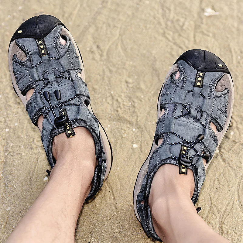 Nowe męskie buty oryginalne skórzane męskie sandały letnie męskie buty w stylu casual sandały plażowe moda męska odkryte codzienne trampki rozmiar