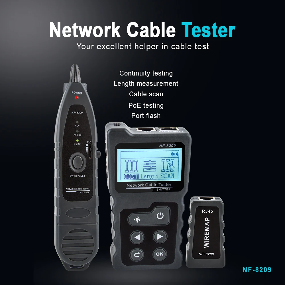 Tester kabli NOYAFA NF-8209 z wyświetlaczem LCD, miernik długości kabli, tester mapy przewodów, narzędzie sieciowe.