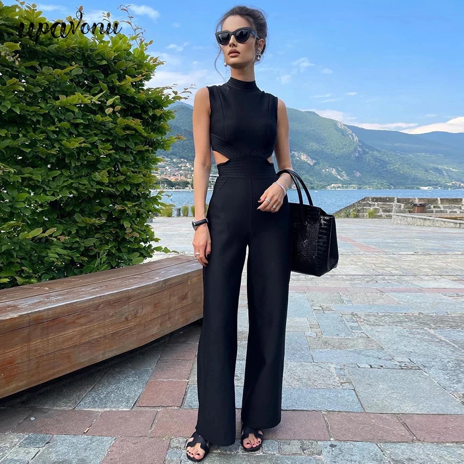 Free Shipping 2021 New Women Elegant Black Hollow Out Bandage Jumpsuits Sexy Sleeveless & Long Pants Out Wear Rompers Jumpsuits