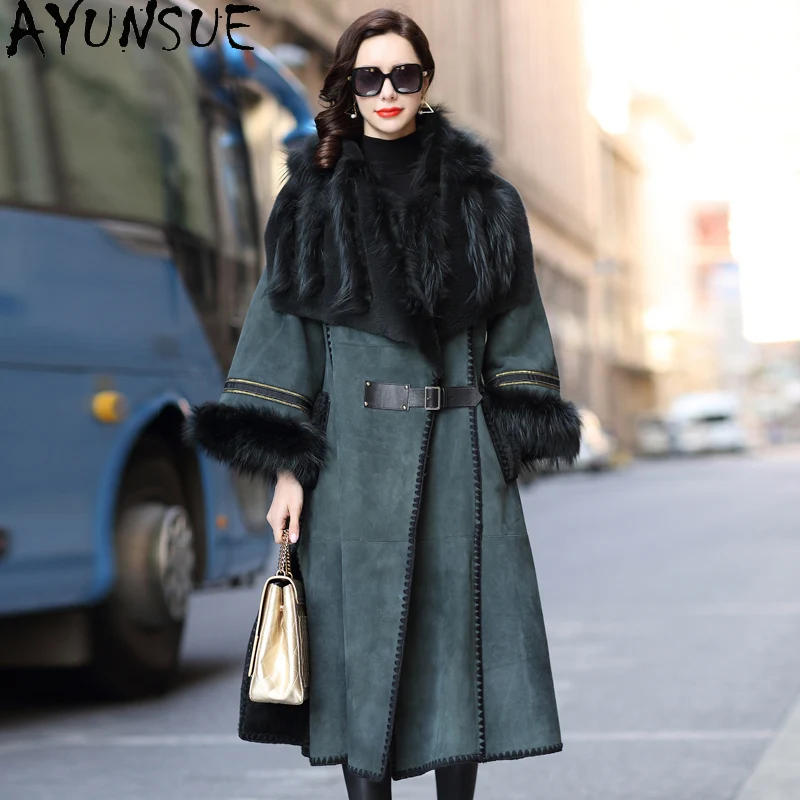 

AYUNSUE Natural Fur Coat Female Real Sheep Shearing Jacket Woman Luxury Fox Fur Collar Double Faced Sheep Fur Coats Hiver 18Y151