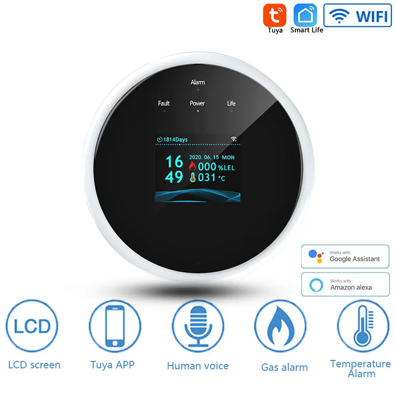 Kitchen Gas Detector Alarm WiFi Connection Tuya App Control Alarm Message Push Live Buzzer Siren Color Screen Safety Gas Sensor