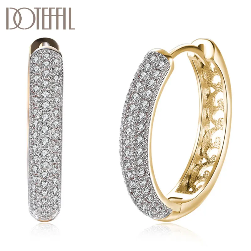 DOTEFFIL 925 Sterling Silver 18K Gold Hollow AAA Zircon Round Earrings For Women Gift Fashion Charm Party Wedding Jewelry