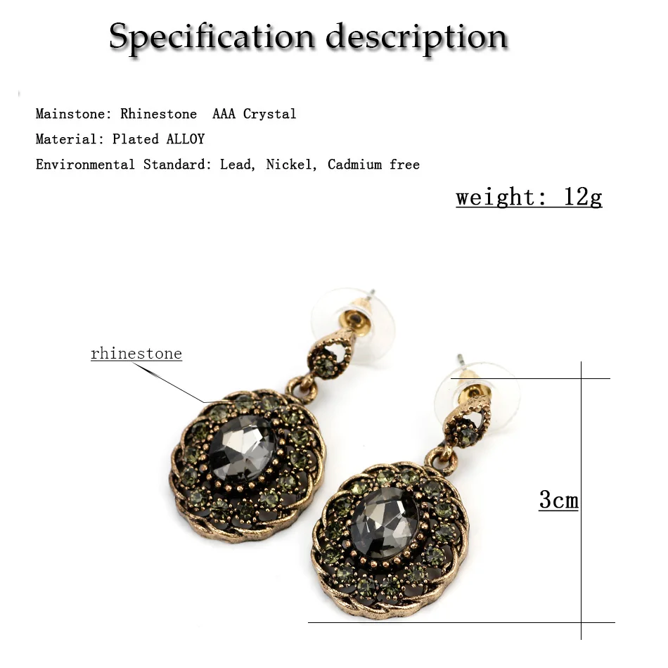 Sunspicems Vintage Dangle Earring Round Gray Crystal Turkish Design Ethnic Female Wedding Jewelry Antique Gold Color Love Gift