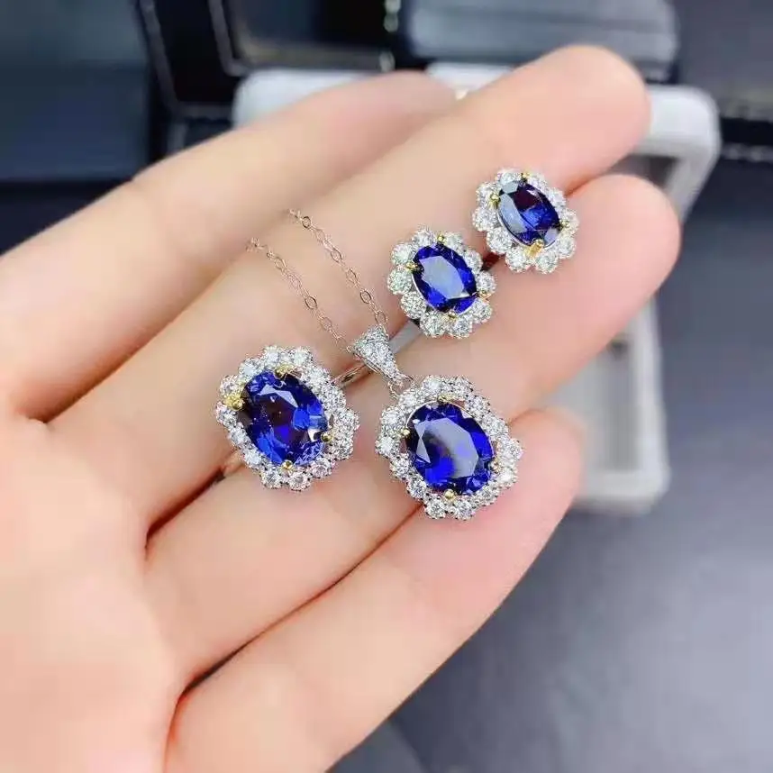 FS Natural Sapphire S925 Sterling Silver Ring Pendant Necklace Earring Set Charm Fine Fashion Weddings Jewelry for Women MeiBaPJ