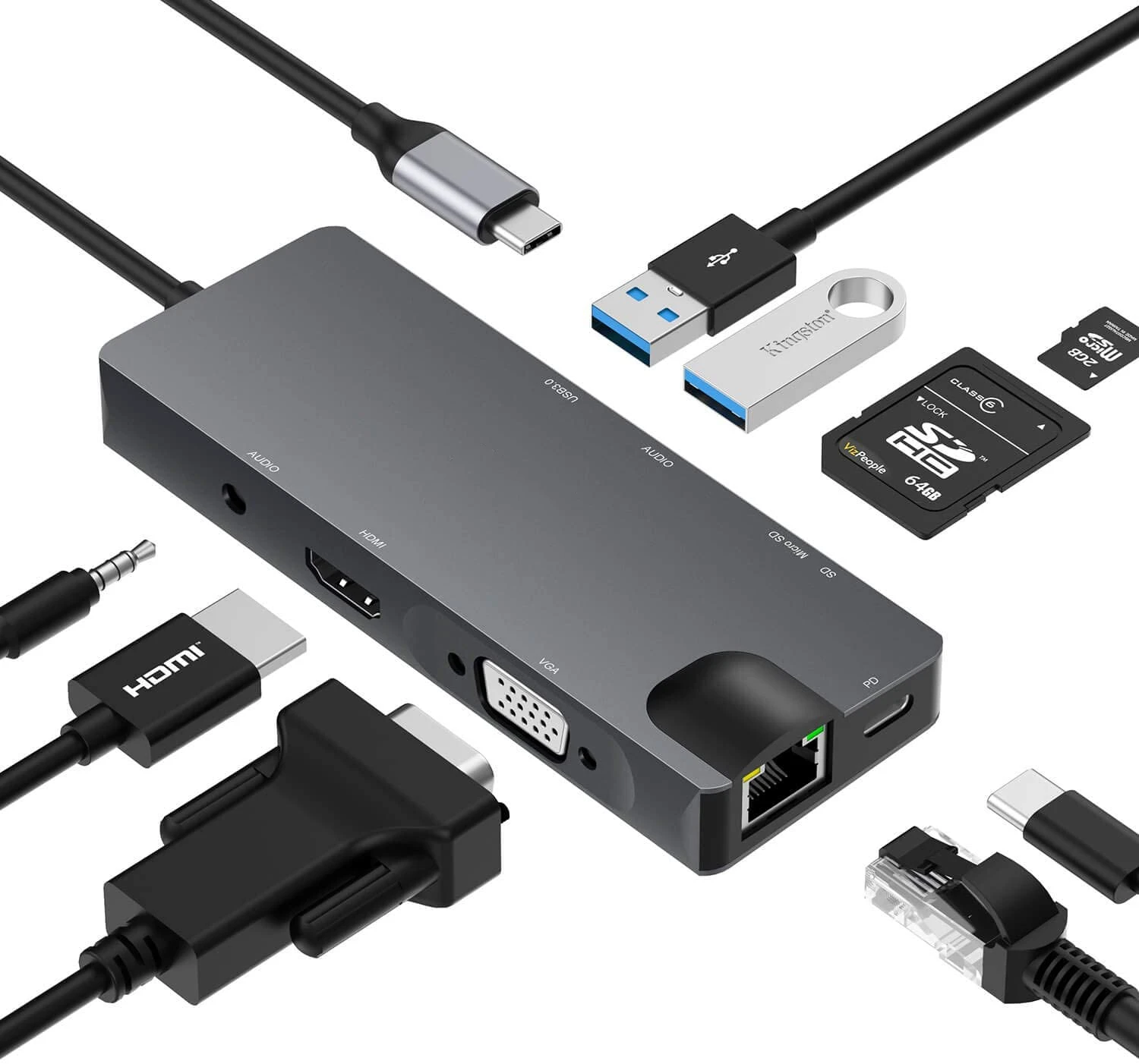 

Концентратор 9 в 1, USB C адаптер с 4K на HDMI VGA, зарядка 2 USB 3,0, кардридер для SD/TF карт до 3,5 мм, гигабитный Ethernet док-станция (Thunderbolt 3)