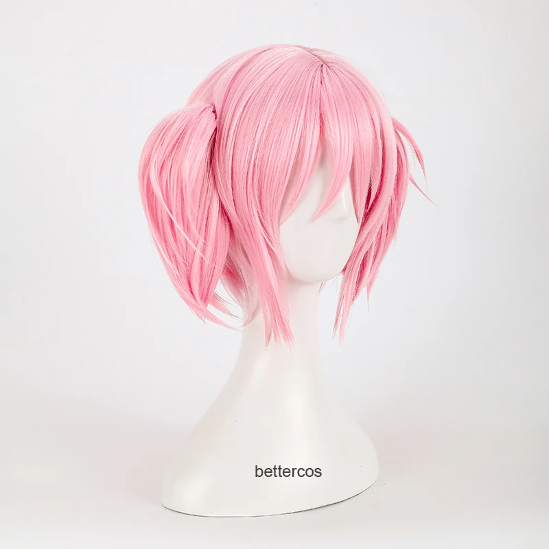 Puella Magi Madoka Magica Kaname Cosplay Perucas, cabelo sintético resistente ao calor, curto 2 pinças de cavalo, boné rosa