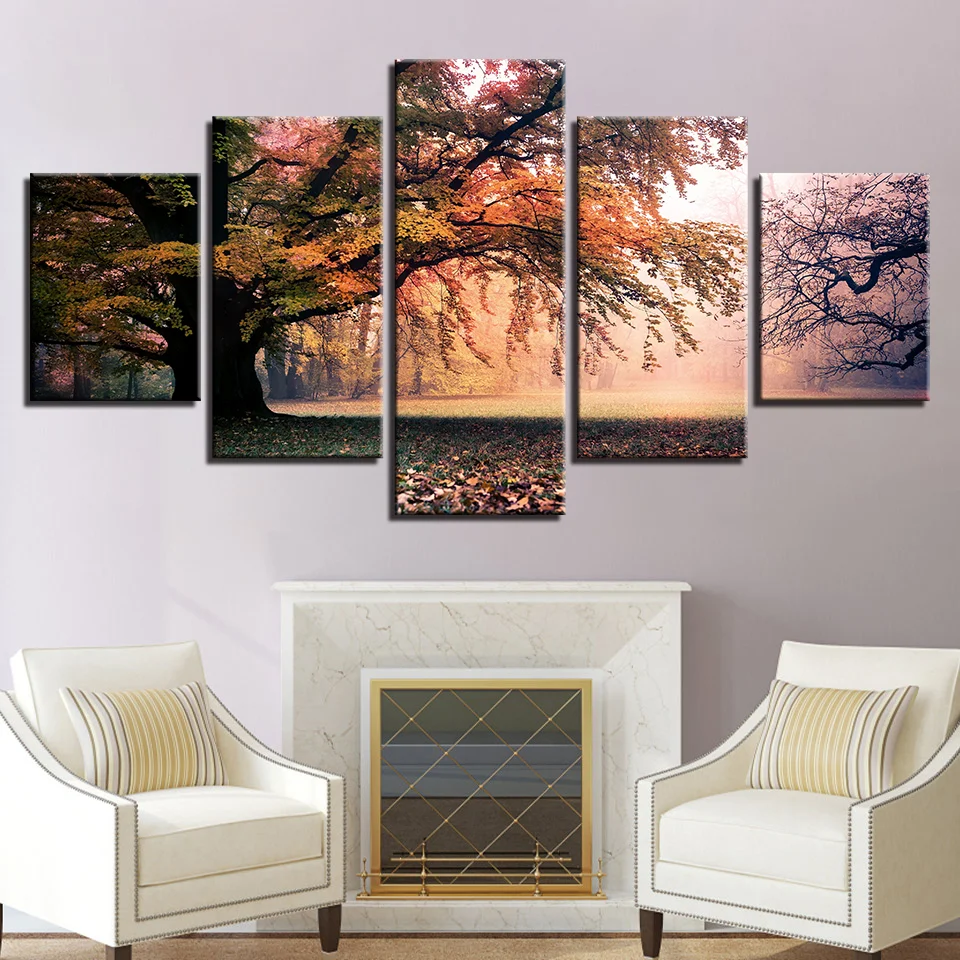 Wall Art Canvas Paintings 5 Pieces Fall Trees Group Posters Forest Great Trees HD Prints Pictures Home Decor Framework