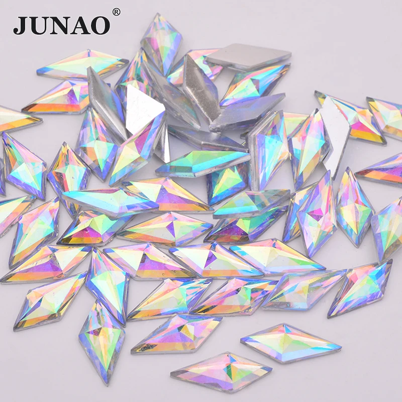 JUNAO 40pcs 10*22mm Crystal AB Rhombus Rhinestone Flatback Resin Crystal Applique Fancy Strass Non Sewn Stones for Dress Crafts