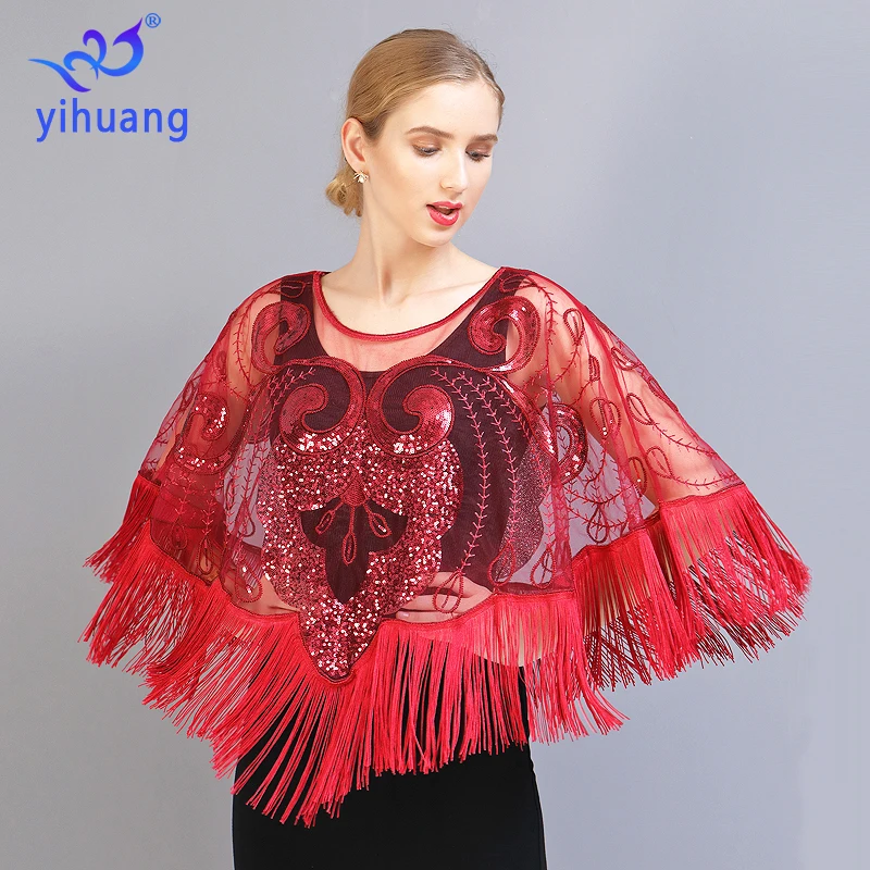 Women Vintage 1920s Shawl Wraps Sequin Beaded Evening Party Cape Bridal Shawls Bolero Flapper Cover Up