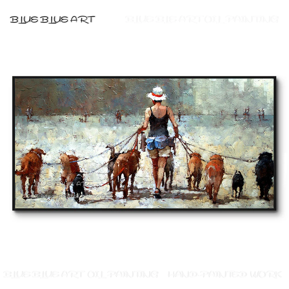 Professional Artist Hand-painted Wall Art Woman Walk the Dog Oil Painting on Canvas Handmade Woman Walk 10 Dogs Acrylic Painting