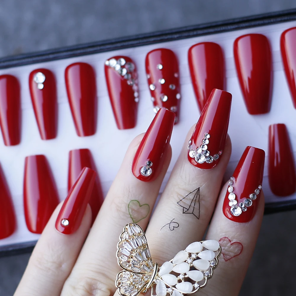 Glossy Coffin Crystal gel False nails Red Ballet rhinestones Press on nails with Black box Girlfriend Nails gift