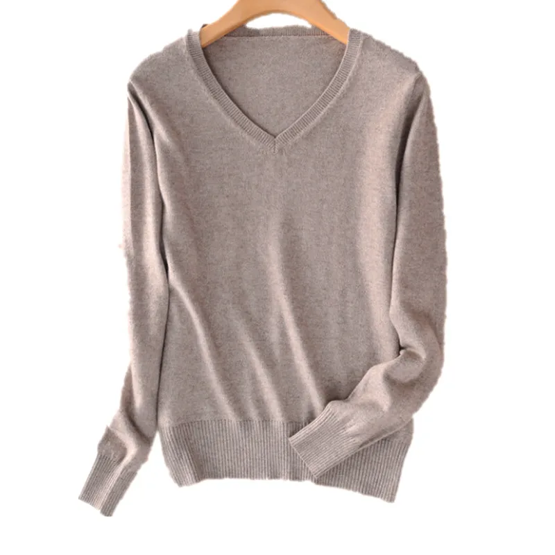 Women's V-Neck Cashmere Sweater, Wool Knit Sweater, Monochromatic, Slim, Sexy Pullovers, Blouse, Female Fashion, Autumn