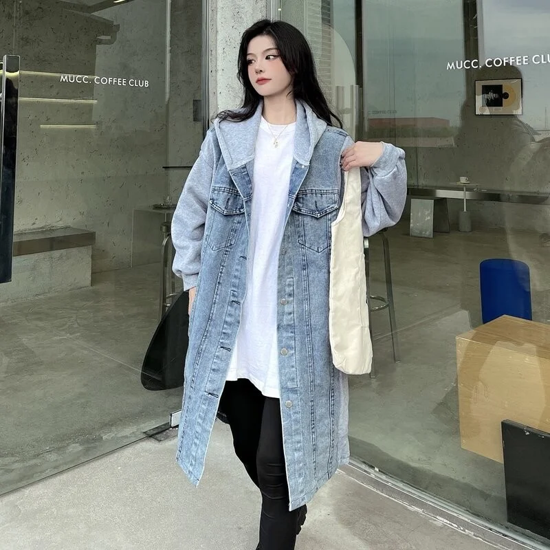 

Denim Hooded Trench Women Spring Autumn Casual Cargo Long Coat Harajuku Patchwork Single Breasted Outerwear Female Windbreakers